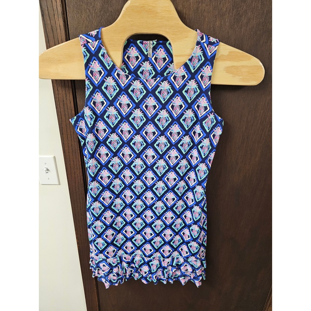 Lulu-B Pineapple Diamond Print Sleeveless Ruffle Hem Dress Navy Pink Large
